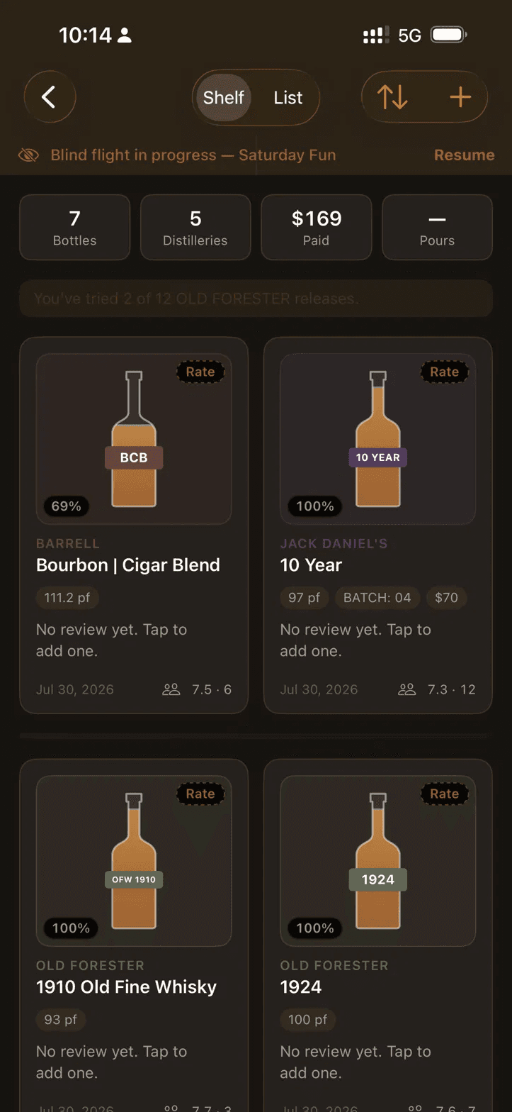 PourMe shelf view showing bottles with fill percentages