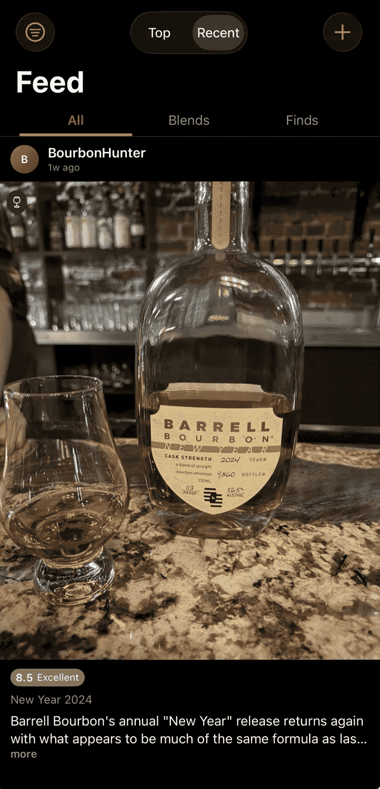 PourMe community feed with a bottle review